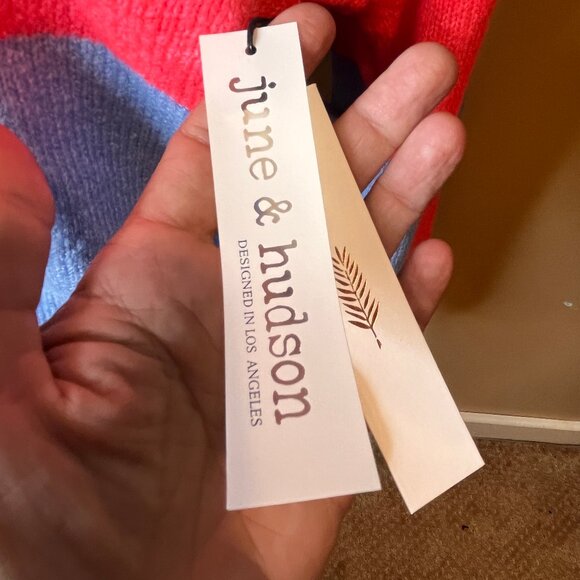 June & Hudson Size M Bright Pink Periwinkle Blue V-Neck Striped Spring Sweater - Picture 4 of 9